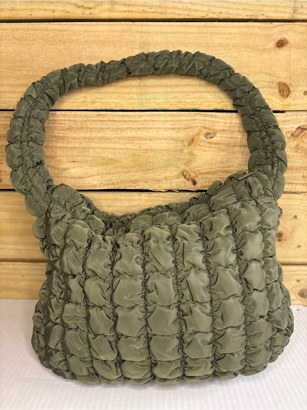 Anthropologie Olive Green Smocked Puffer Hobo Ruched Cloud Bag